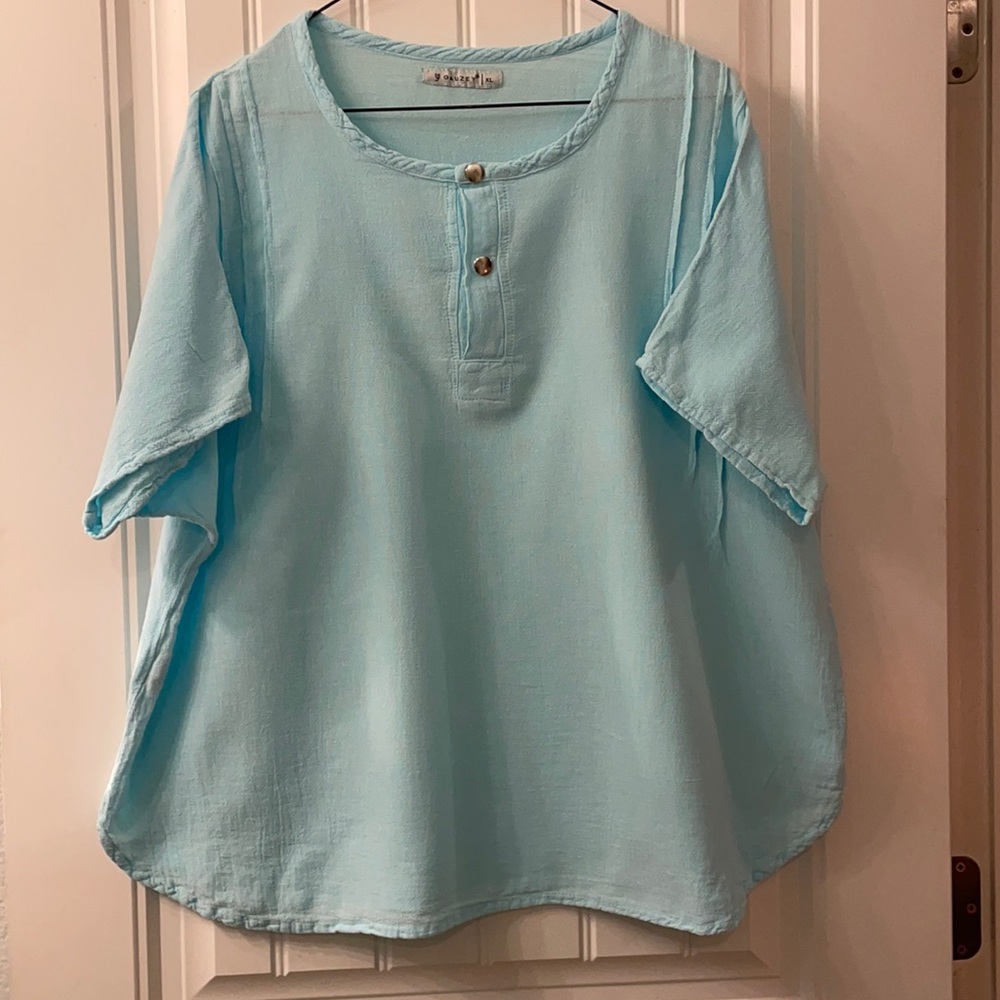 Gauze shirt sleeve shirt…turquoise blue